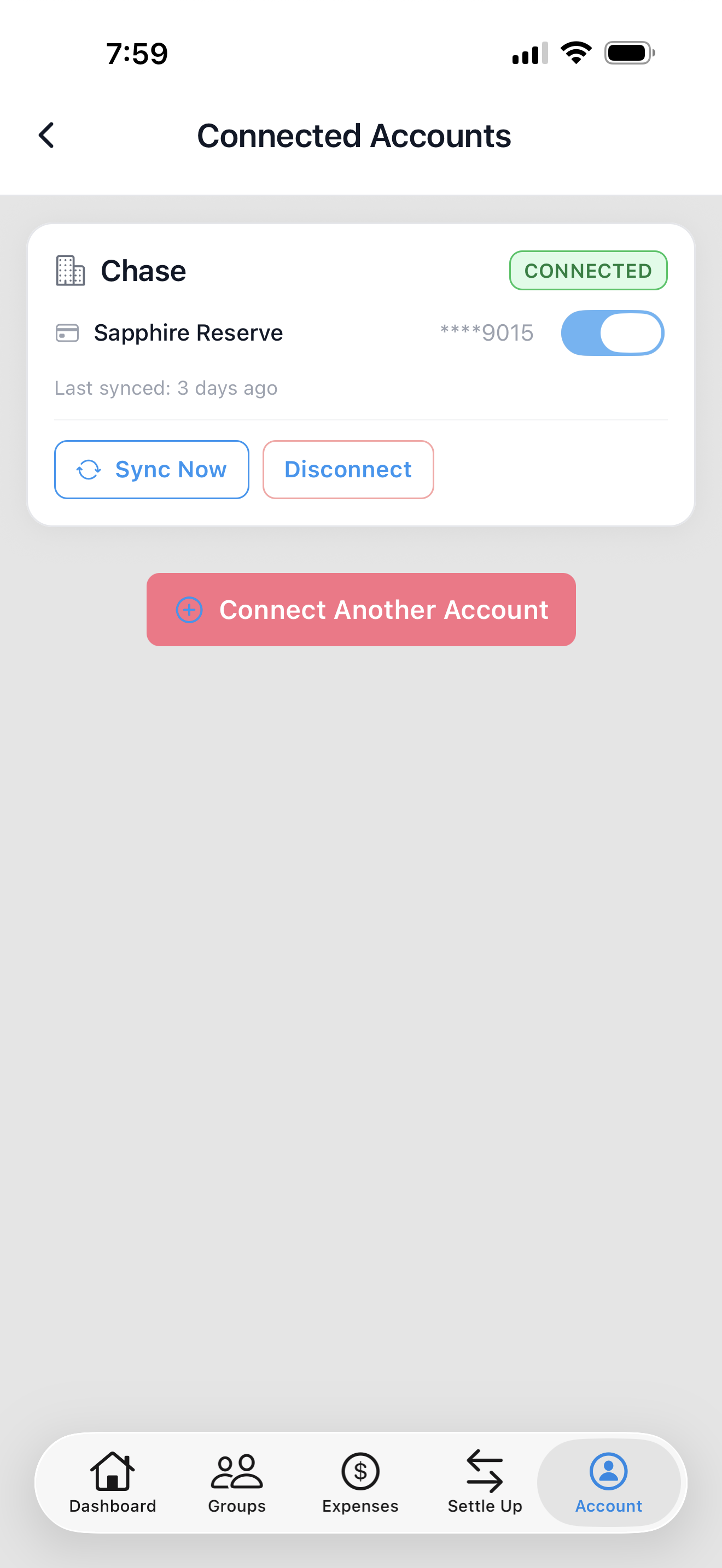 Connected accounts management showing Chase account with sync and disconnect options